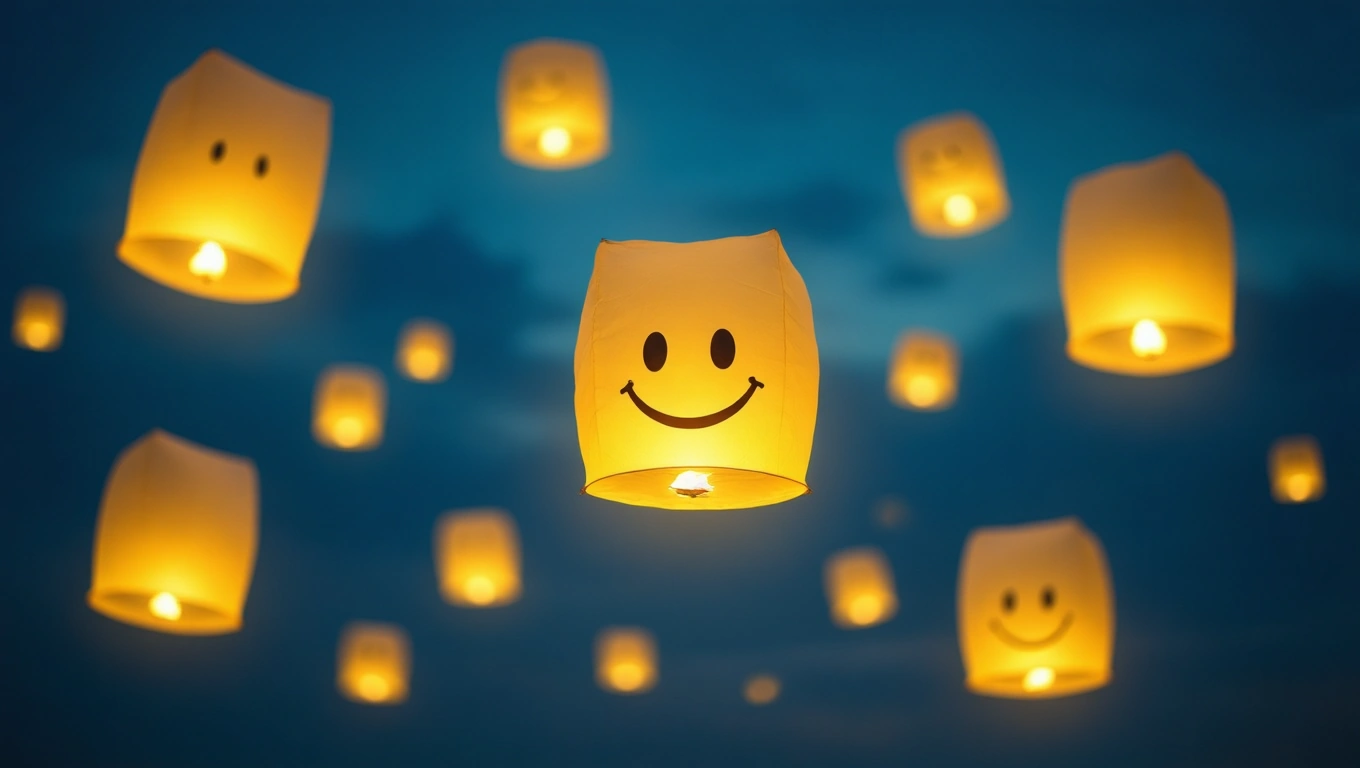 Mit jelent smileyról álmodni? – Részletes álomfejtés és értelmezés Fénylő, mosolygós lampionok lebegnek az éjszakai égen.