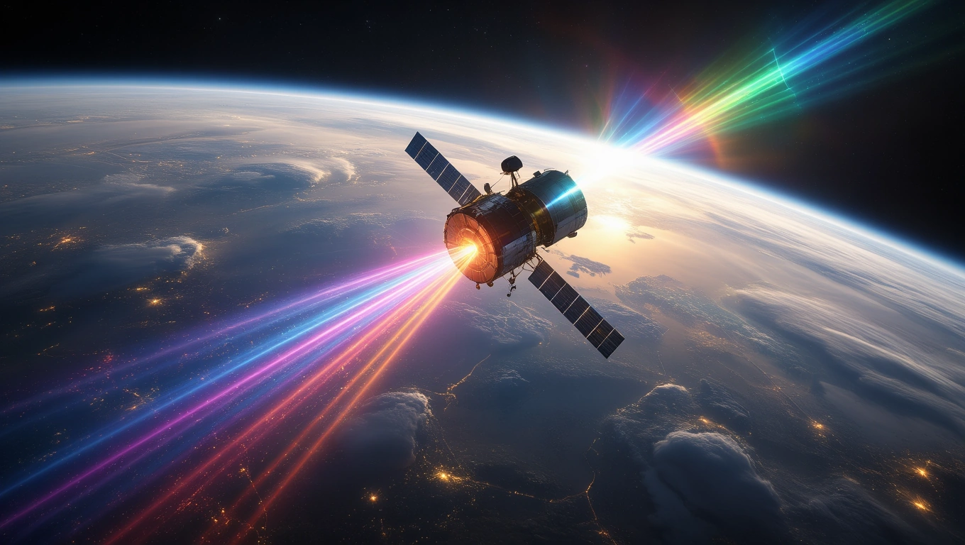 Mit jelent műholdról álmodni? – Részletes álomfejtés és értelmezés Egy műhold lebeg a Föld felett, színes fénycsíkokat bocsátva ki.