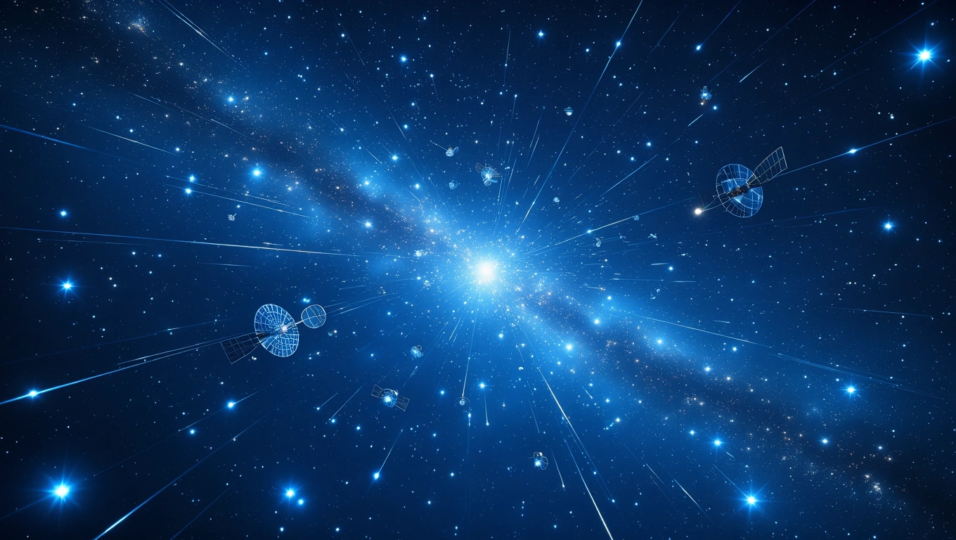 Mit jelent műholdról álmodni? – Részletes álomfejtés és értelmezés Kék háttér előtt műholdak és csillagok láthatók az űrben.