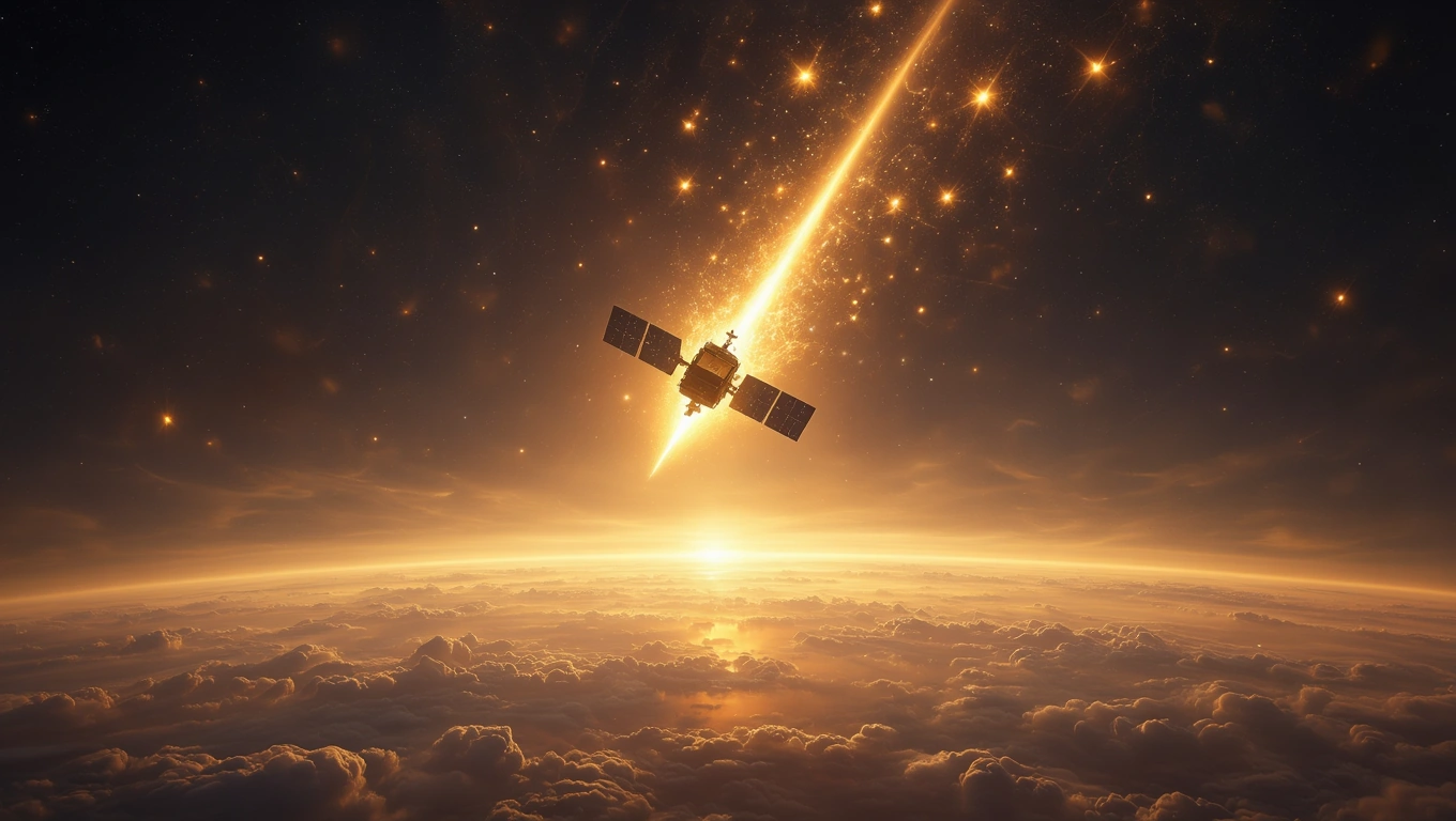 Mit jelent műholdról álmodni? – Részletes álomfejtés és értelmezés Egy műhold lebeg a felhők felett, fénycsóvát bocsátva ki a naplementében.