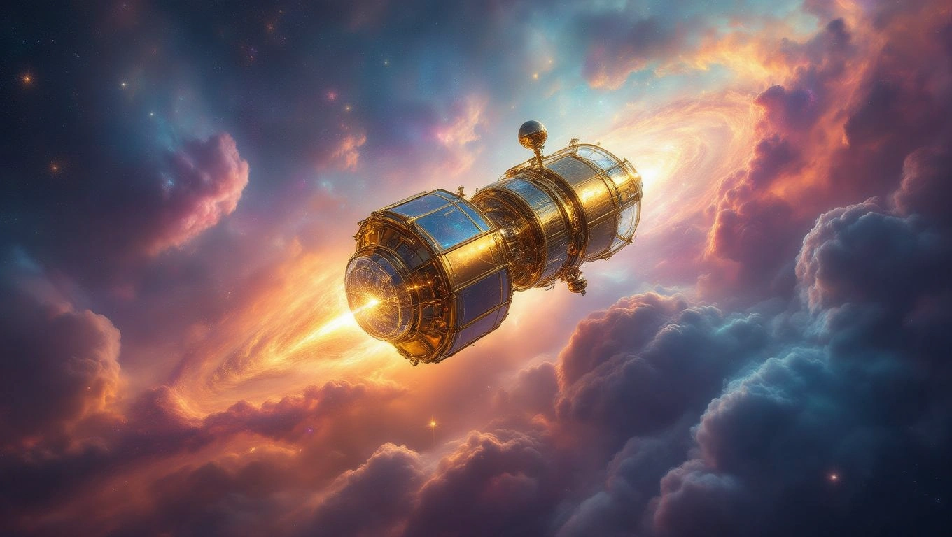 Mit jelent műholdról álmodni? – Részletes álomfejtés és értelmezés Egy műhold lebeg a színes űrben, csillagok és felhők között.