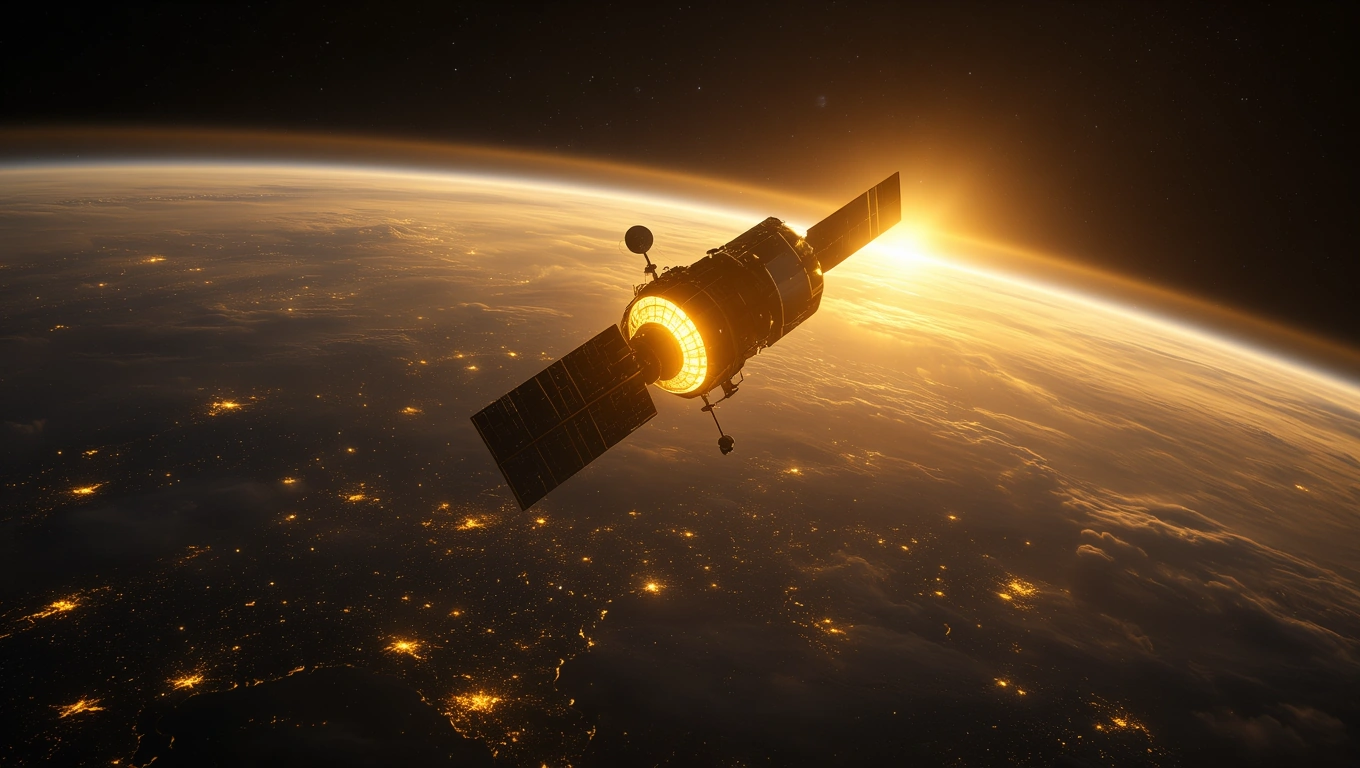 Mit jelent műholdról álmodni? – Részletes álomfejtés és értelmezés Egy műhold lebeg a Föld felett, naplementében, technológiai szimbólumként.