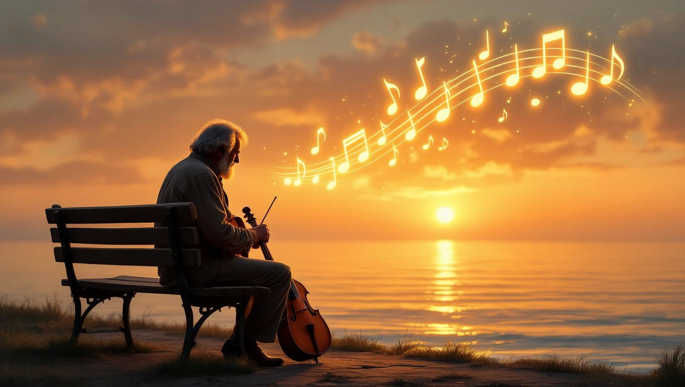 Mit jelent muzsikusról álmodni? – Részletes álomfejtés és értelmezés Idős muzsikus ül a parton, hegedűjét tartva, zenei jegyek lebegnek a naplementében.