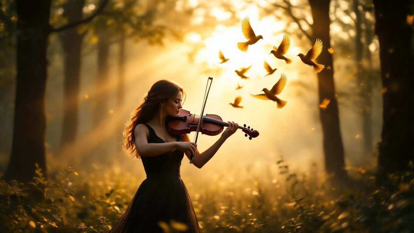 Mit jelent muzsikusról álmodni? – Részletes álomfejtés és értelmezés Egy fiatal nő hegedül a napfényben, körülötte madarak repkednek.