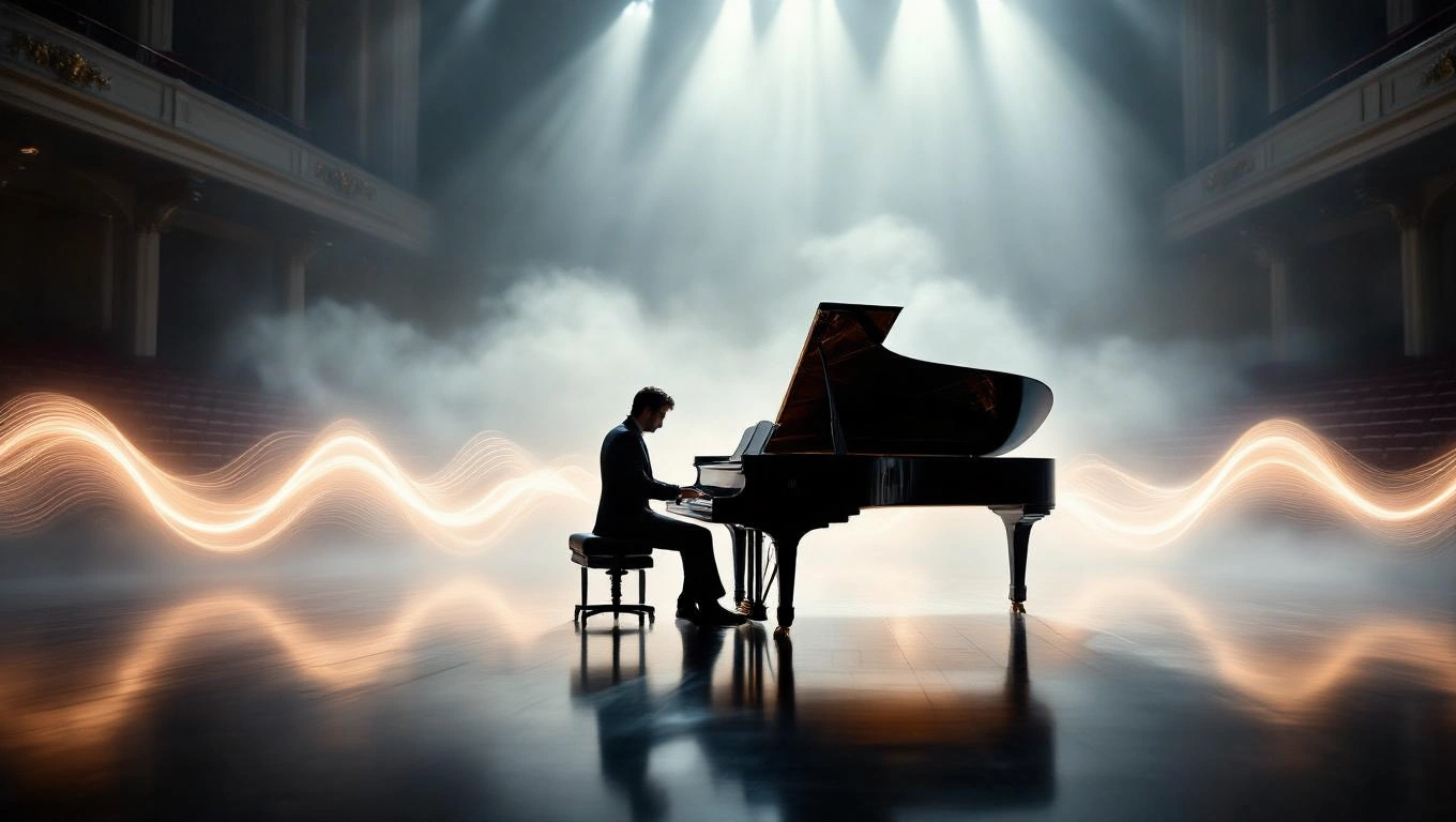 Mit jelent muzsikusról álmodni? – Részletes álomfejtés és értelmezés Egy muzsikus zongorázik egy sötét színpadon, fények és köd között.