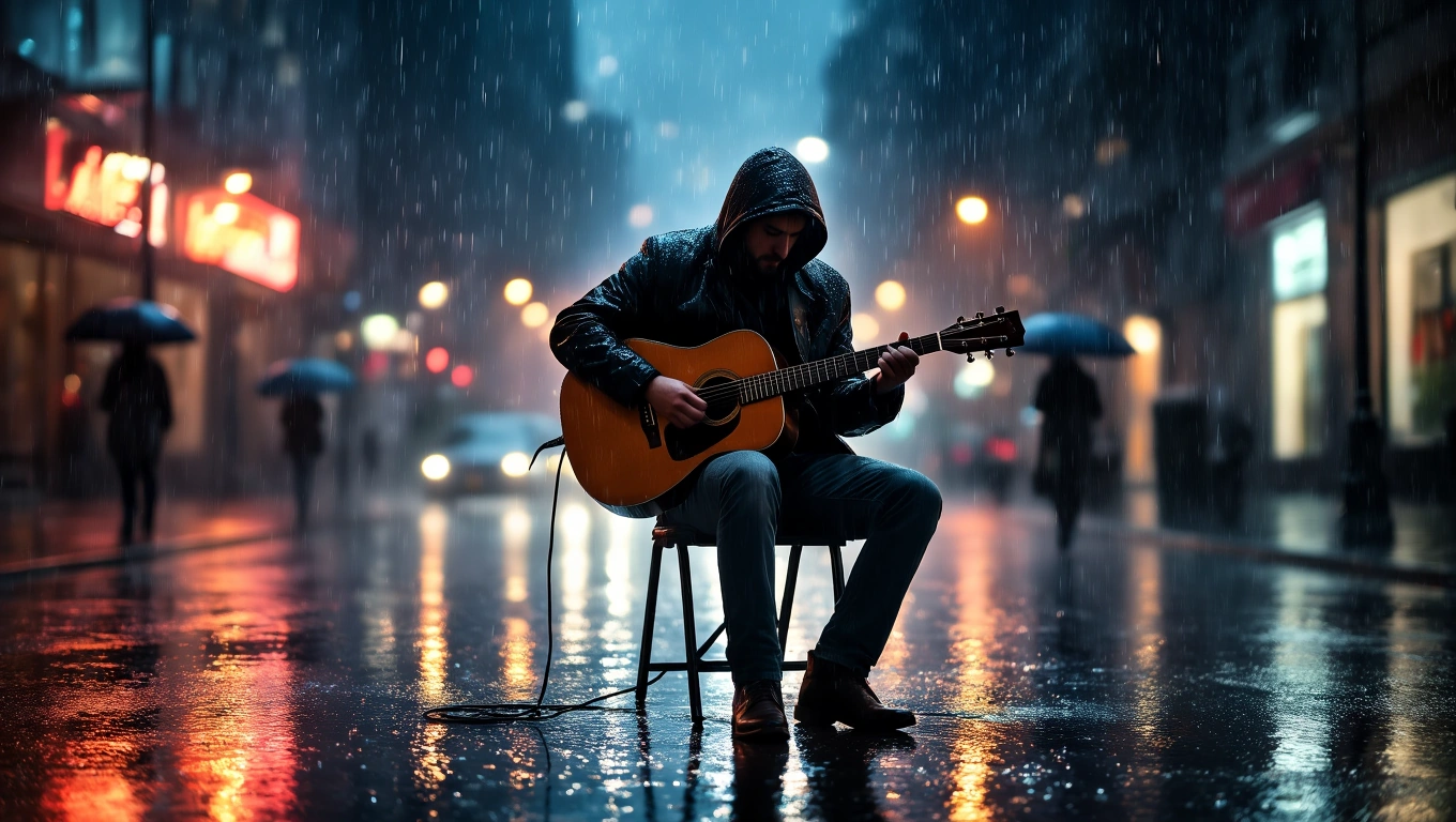 Mit jelent muzsikusról álmodni? – Részletes álomfejtés és értelmezés Egy muzsikus gitározik az esőben, sötét városi környezetben.
