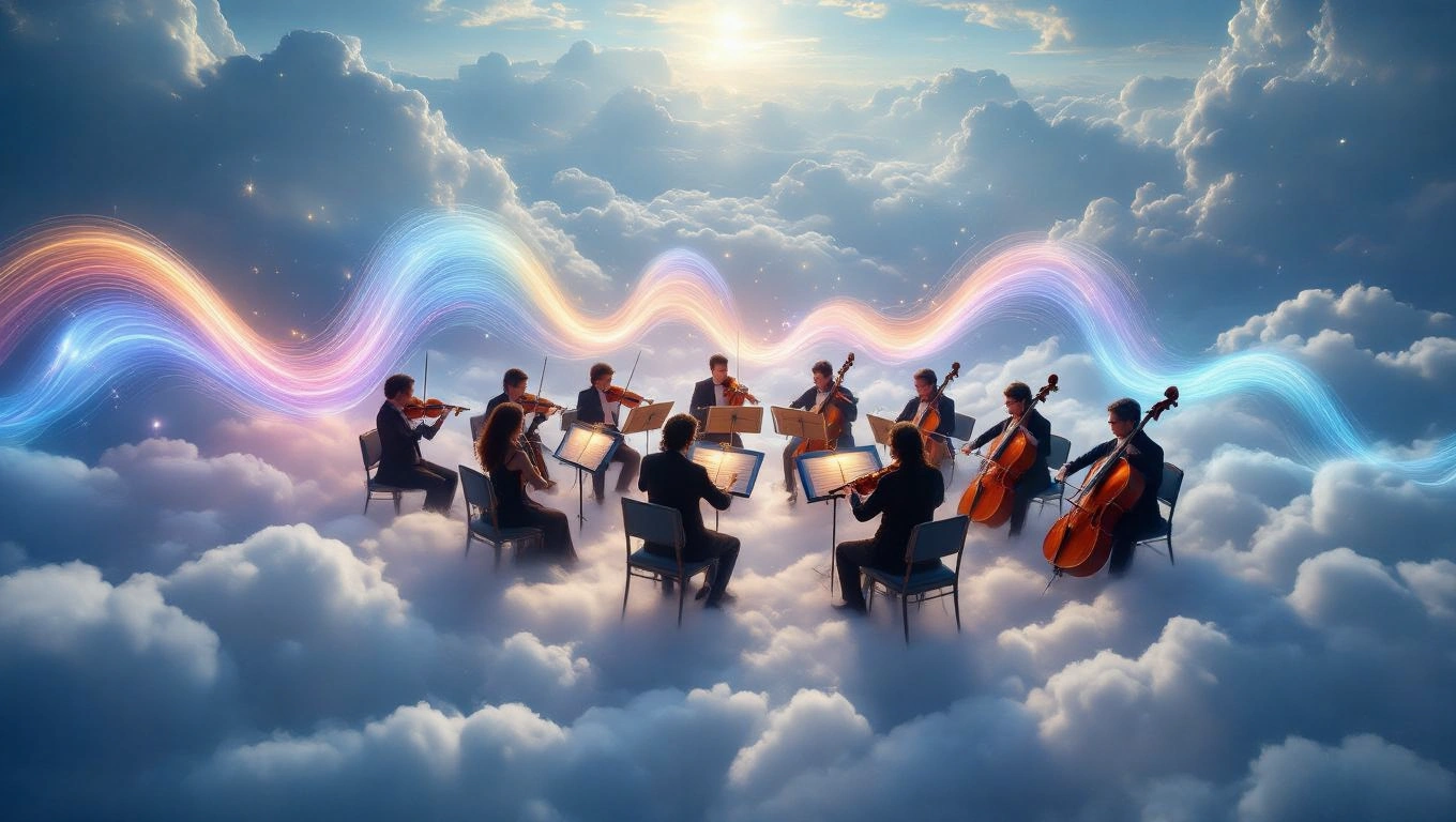 Mit jelent muzsikusról álmodni? – Részletes álomfejtés és értelmezés Egy zenekar muzsikusai játszanak felhők között, színes zenei hullámokkal.
