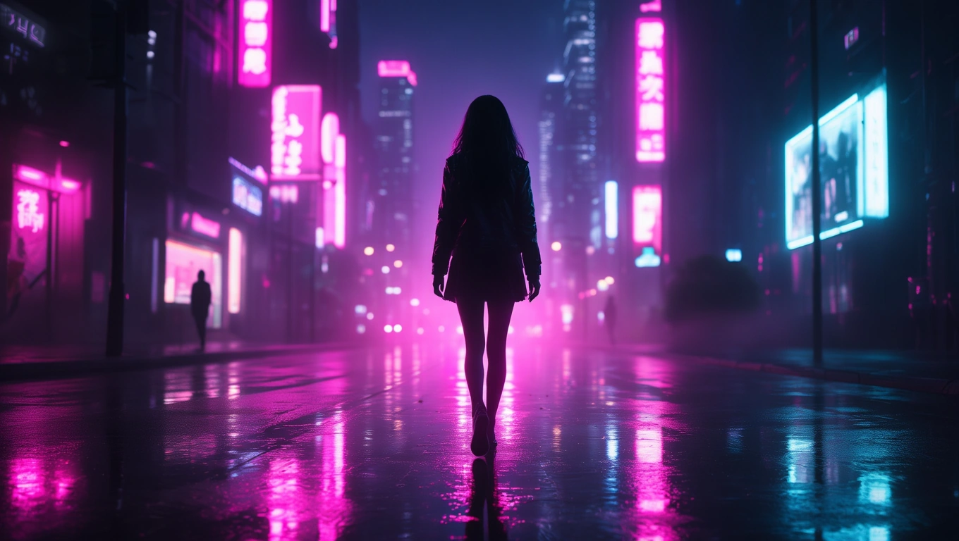 Mit jelent csajokkal álmodni? – Részletes álomfejtés és értelmezés Egy női alak sétál egy neonfényes, esős városi utcán, titokzatos hangulatban.