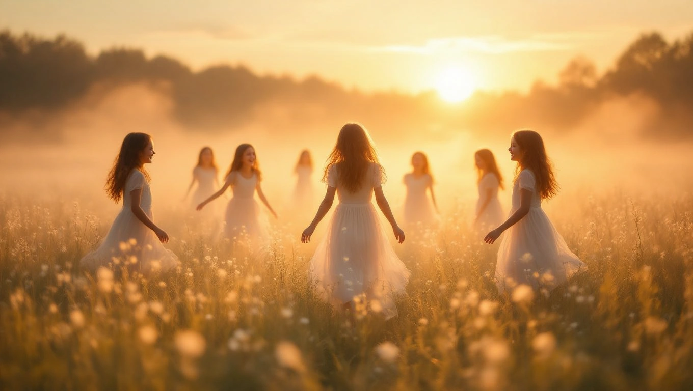 Mit jelent csajokkal álmodni? – Részletes álomfejtés és értelmezés Női alakok körben táncolnak egy virágos mezőn, naplementében.