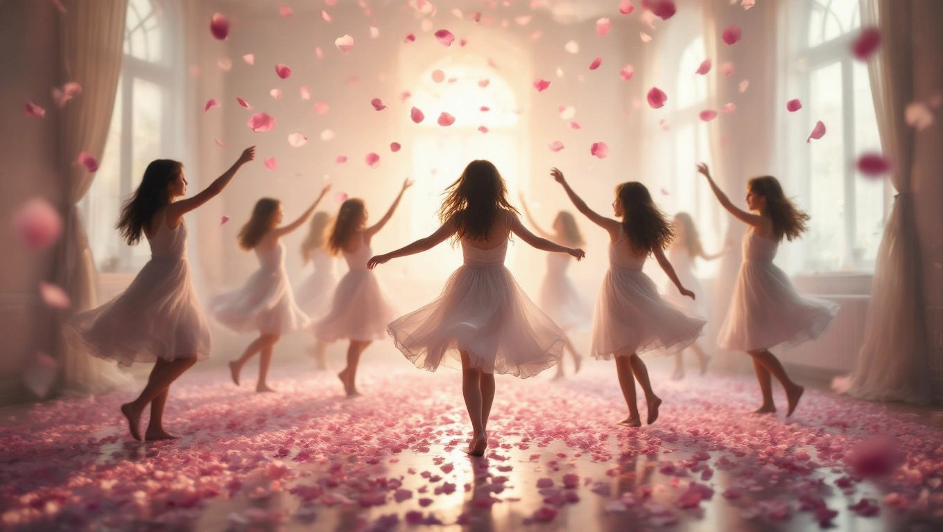 Mit jelent csajokkal álmodni? – Részletes álomfejtés és értelmezés Több női alak táncol fehér ruhában, rózsaszín szirmokkal borított padlón.