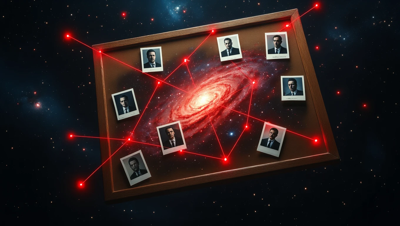 Mit jelent nyomozásról álmodni? – Részletes álomfejtés és értelmezés Egy keretben elhelyezett fényképek, amelyek között piros vonalak kapcsolódnak, galaxis háttérrel.