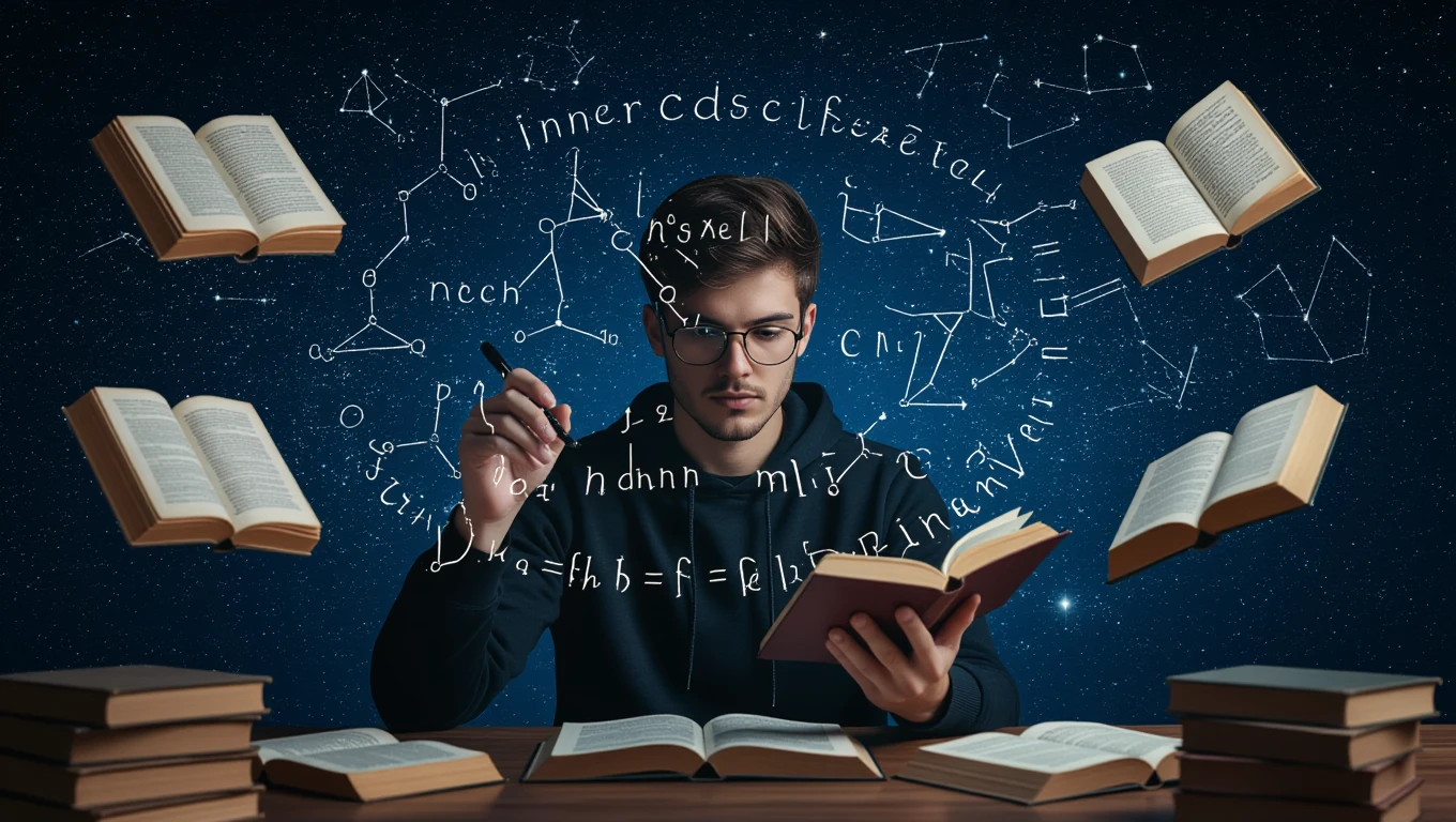 Mit jelent oktatással álmodni? – Részletes álomfejtés és értelmezés Egy fiatal férfi könyveket olvas, miközben matematikai képletek lebegnek körülötte.