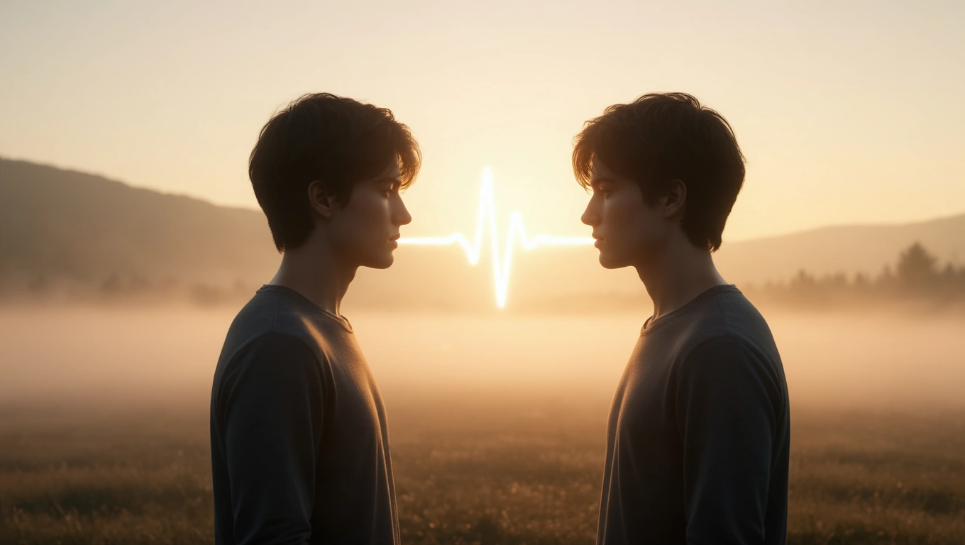 Mit jelent önmagaddal álmodni? – Részletes álomfejtés és értelmezés Két fiatal férfi áll egymással szemben, a háttérben napfelkeltével és pulzáló szívvonalakkal.