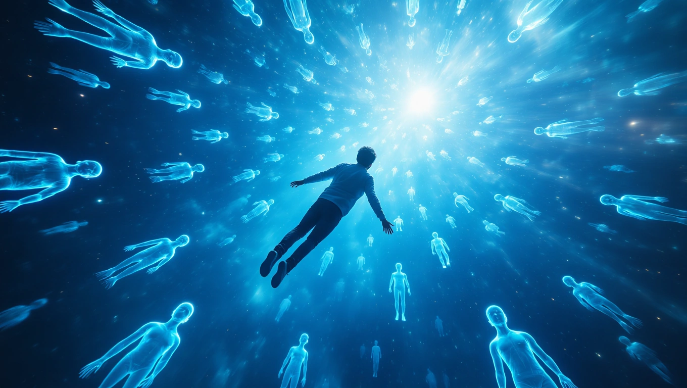 Mit jelent önmagaddal álmodni? – Részletes álomfejtés és értelmezés Egy ember lebeg a kék fényben, körülötte áttetsző alakok láthatók.