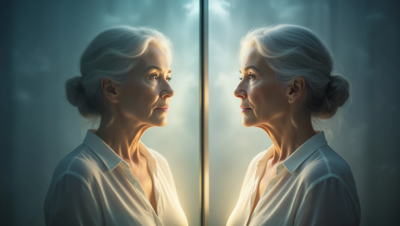 Mit jelent önmagaddal álmodni? – Részletes álomfejtés és értelmezés Egy idős nő, aki tükörben nézi saját magát, mély gondolatokkal.