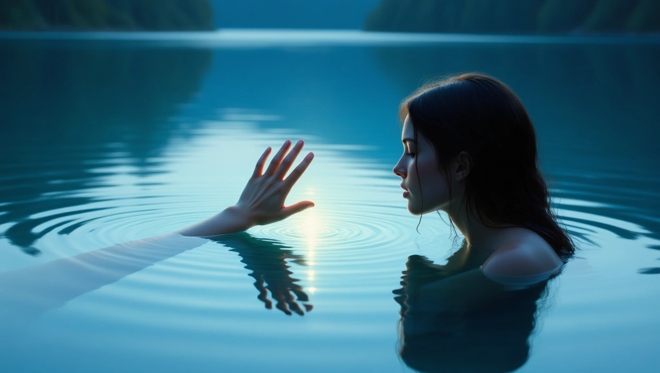 Mit jelent önmagaddal álmodni? – Részletes álomfejtés és értelmezés Egy nő a vízben, kezét a vízfelszínhez érinti, meditáló pózban.