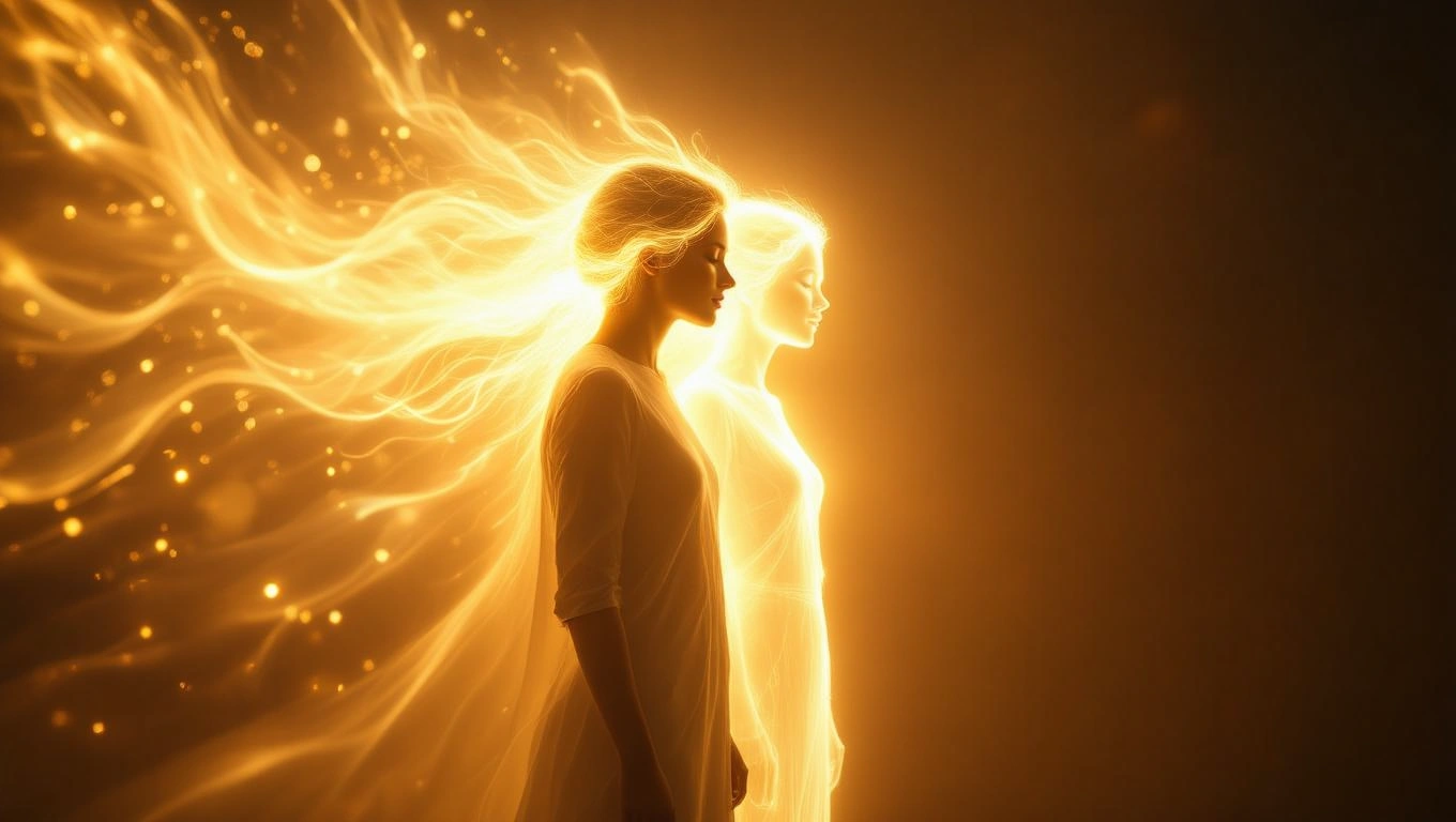 Mit jelent önmagaddal álmodni? – Részletes álomfejtés és értelmezés Két női alak, arany fényben, az önmagunkkal való álmodás szimbolikáját megjelenítve.