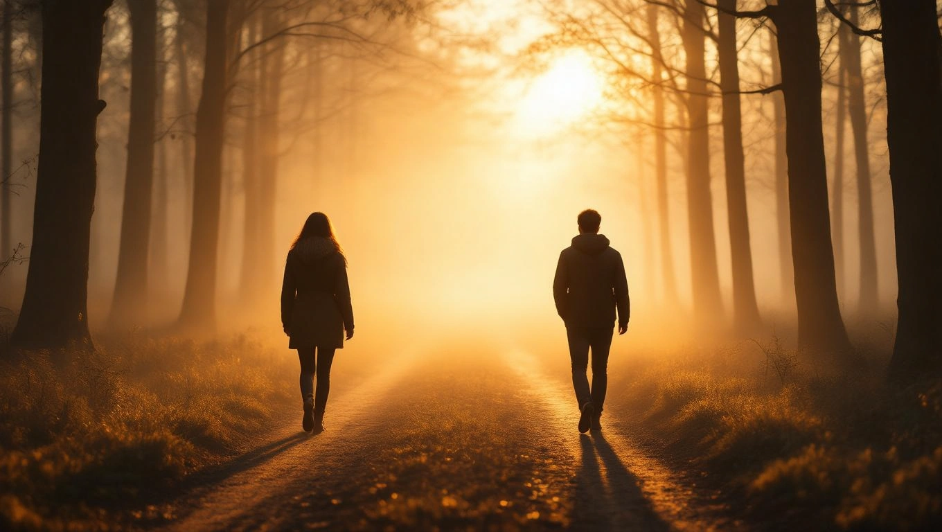 Mit jelent önmagaddal álmodni? – Részletes álomfejtés és értelmezés Két ember sétál egy ködös erdei úton, háttal a kamerának, naplementében.