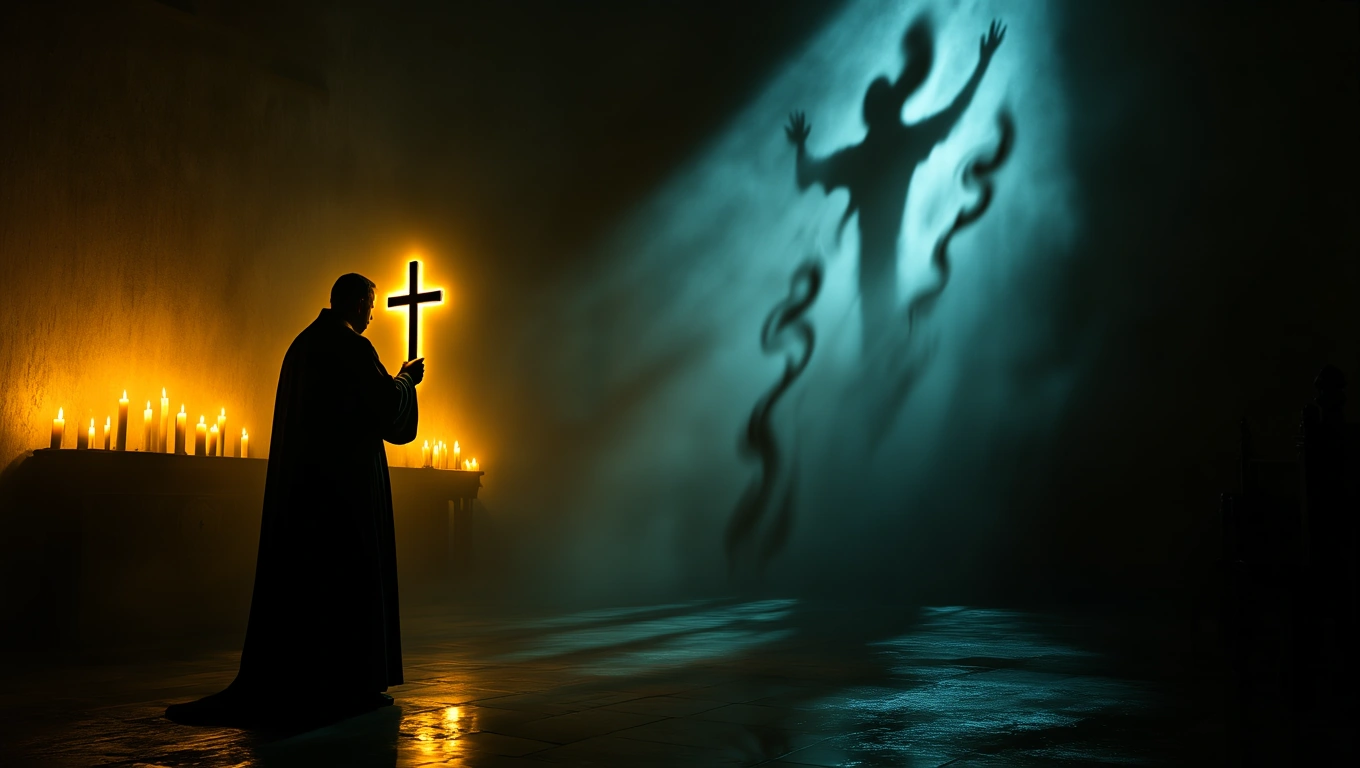 Mit jelent ördögűzésről álmodni? – Részletes álomfejtés és értelmezés Egy pap keresztet tart a kezében, miközben gyertyák világítanak a sötétben.