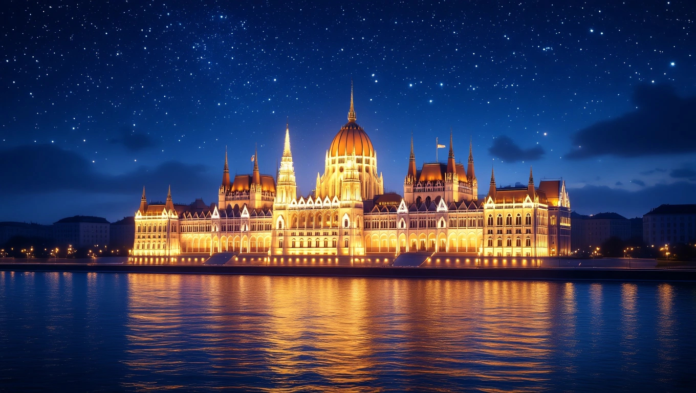 Mit jelent Országházzal álmodni? – Részletes álomfejtés és értelmezés Az Országház éjszakai fényei a Dunán tükröződnek, csillagokkal az égen.