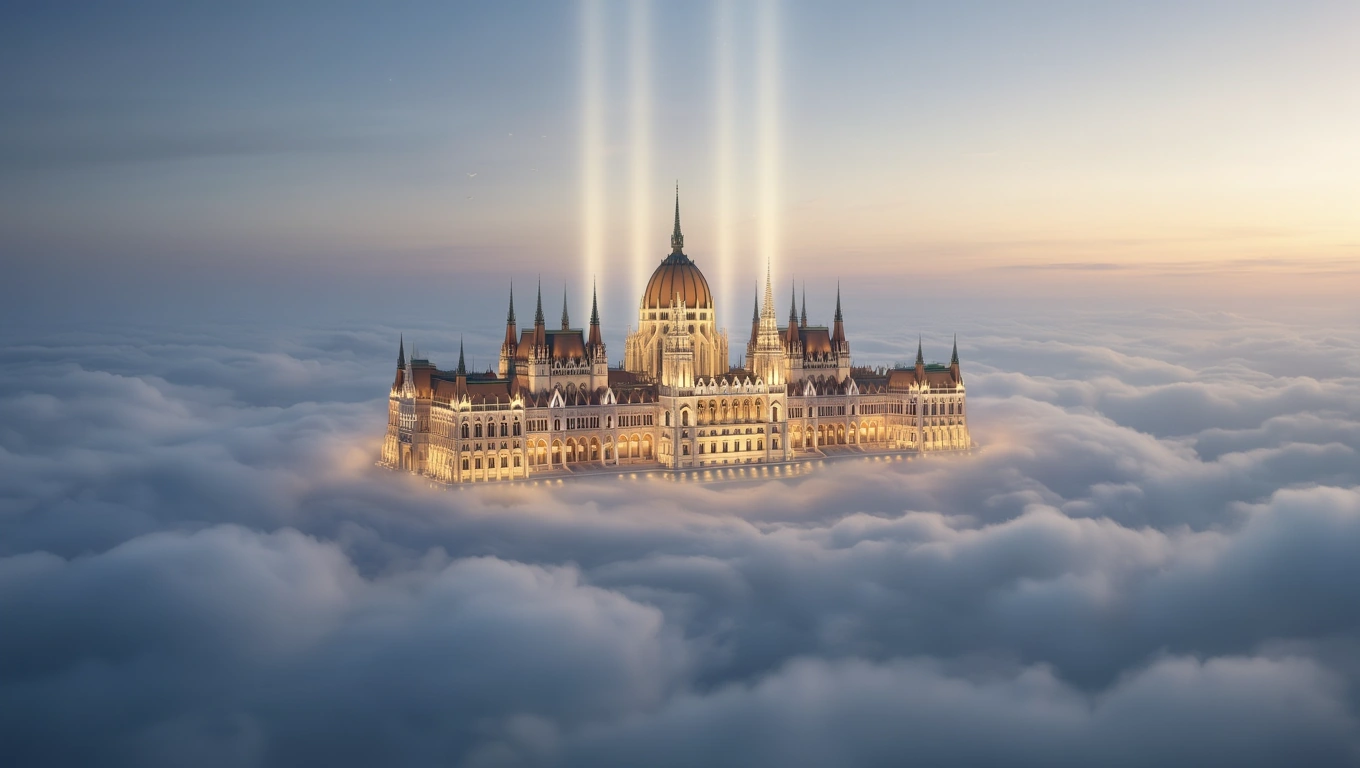 Mit jelent Országházzal álmodni? – Részletes álomfejtés és értelmezés Az Országház impozáns épülete felhők között, ragyogó fényekkel körülvéve.