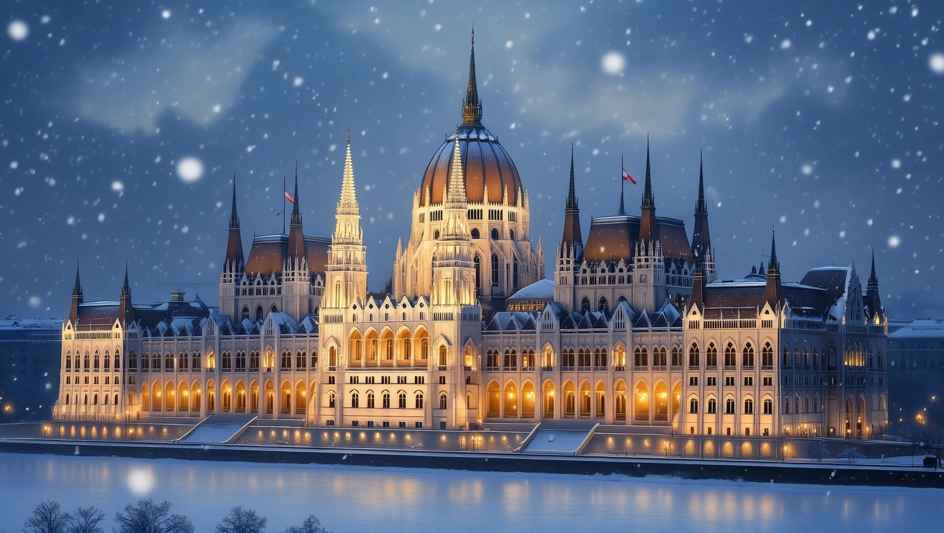 Mit jelent Országházzal álmodni? – Részletes álomfejtés és értelmezés Az Országház télen, hóesésben, világító ablakokkal és díszes kupolával.