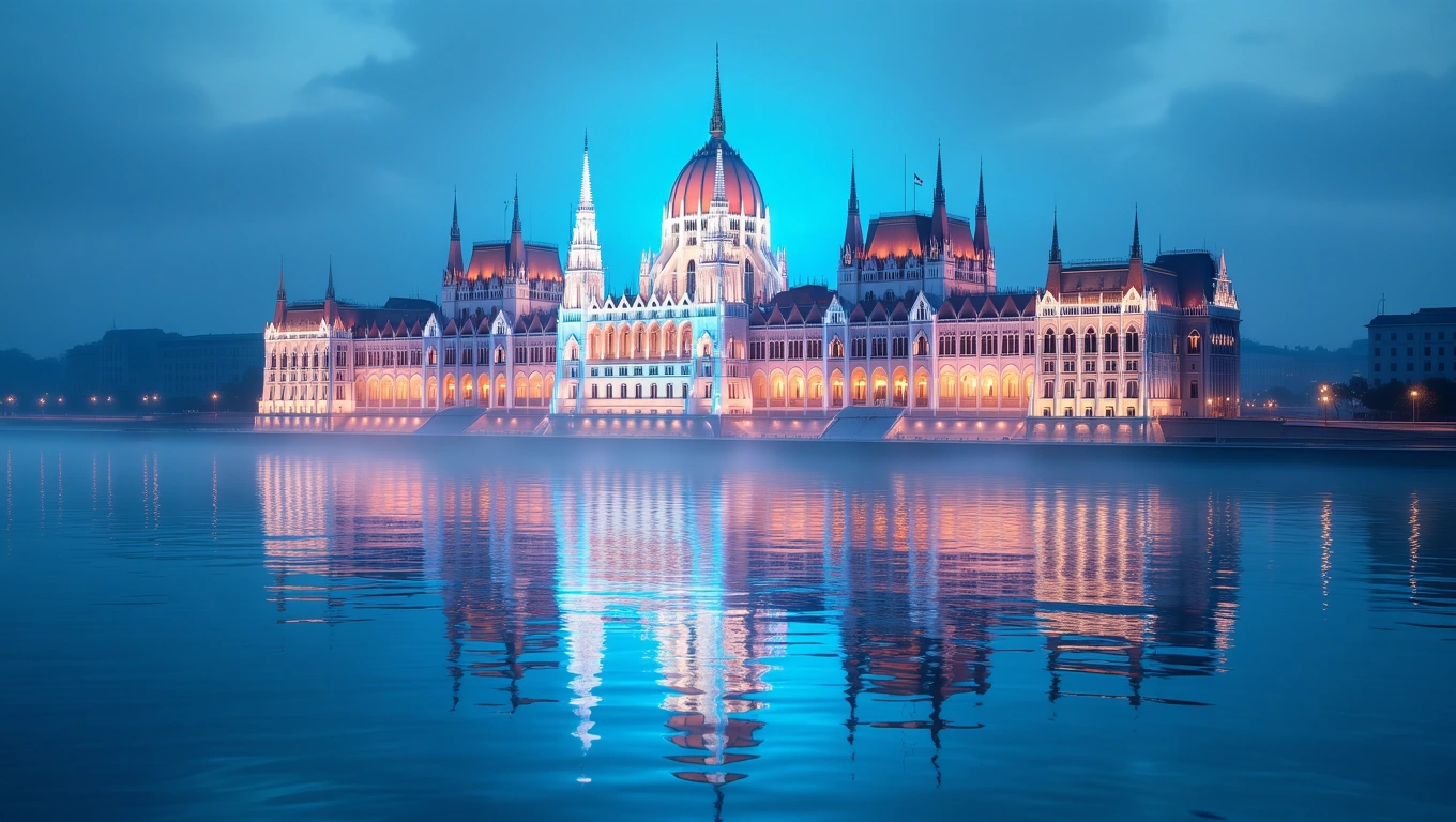 Mit jelent Országházzal álmodni? – Részletes álomfejtés és értelmezés Az Országház gyönyörű esti fényben, a víz tükrében visszatükröződve.