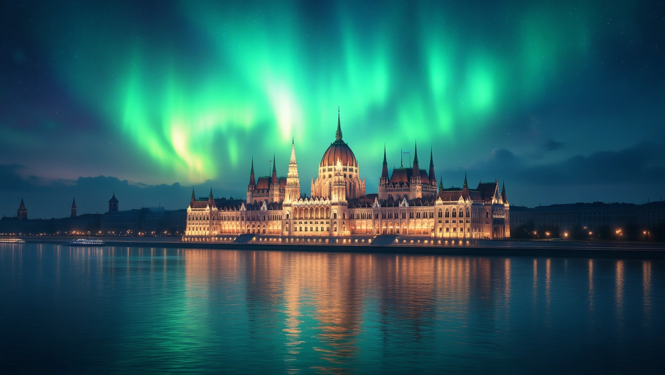 Mit jelent Országházzal álmodni? – Részletes álomfejtés és értelmezés Az Országház éjszakai fényei északi fény alatt tükröződnek a Dunában.