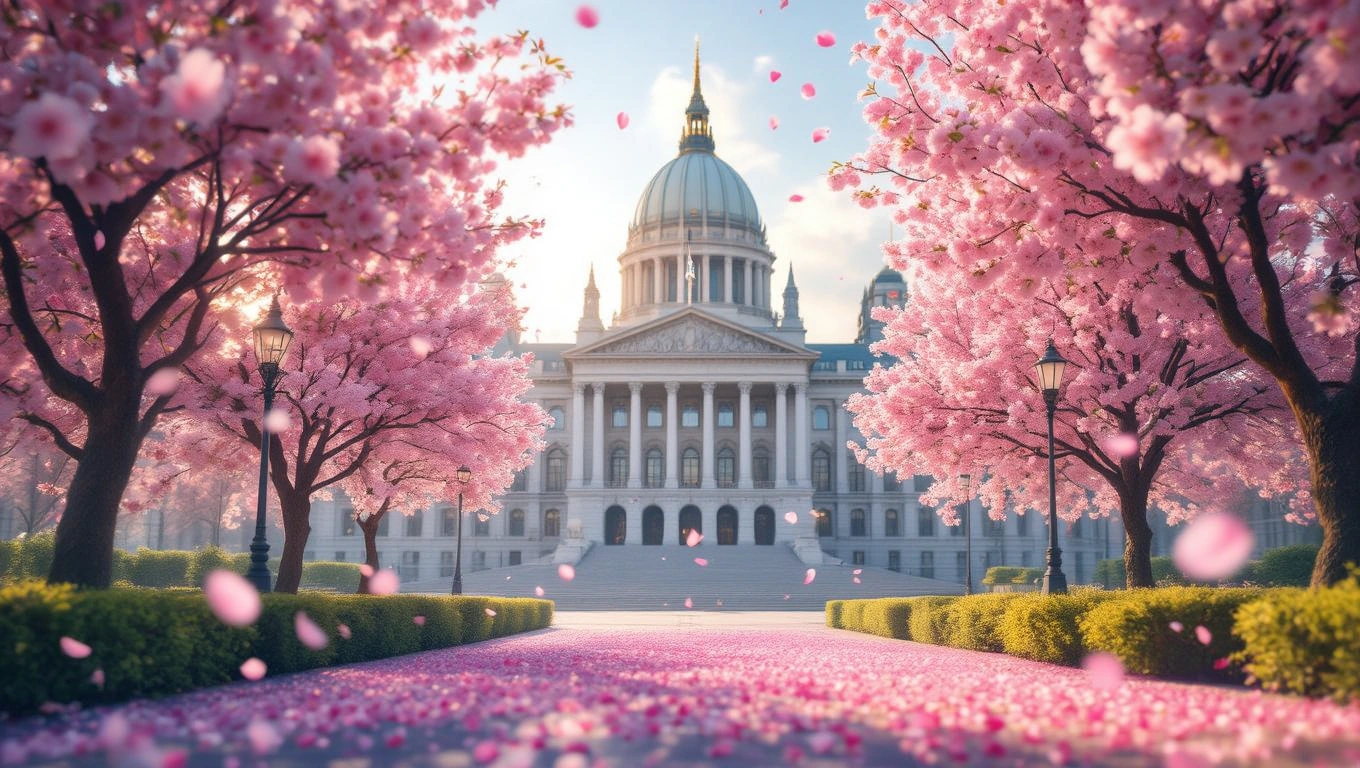 Mit jelent Országházzal álmodni? – Részletes álomfejtés és értelmezés Az Országház előtt virágzó cseresznyefák állnak, rózsaszín szirmokkal borítva az utat.