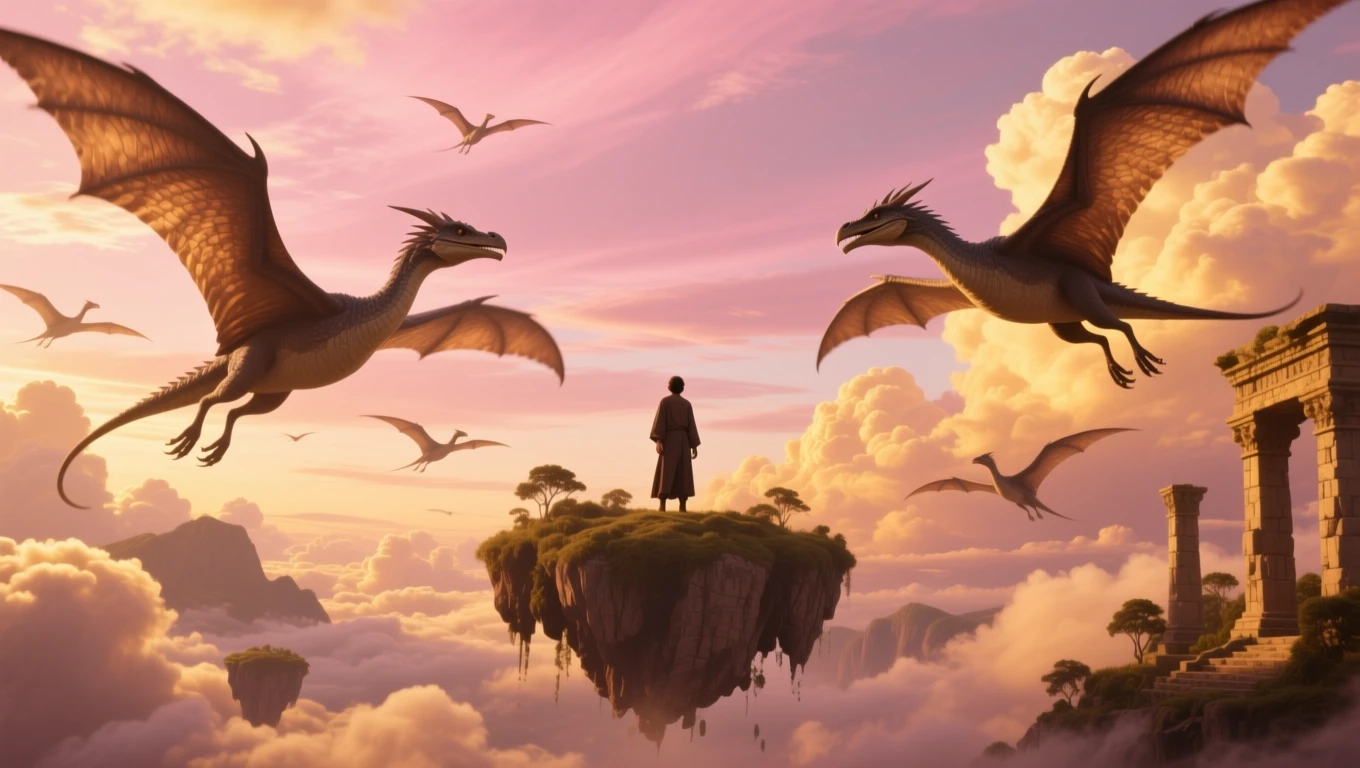 Mit jelent őslényekről álmodni? – Részletes álomfejtés és értelmezés Egy férfi áll egy lebegő szigeten, körülötte őslények repkednek a felhők között.