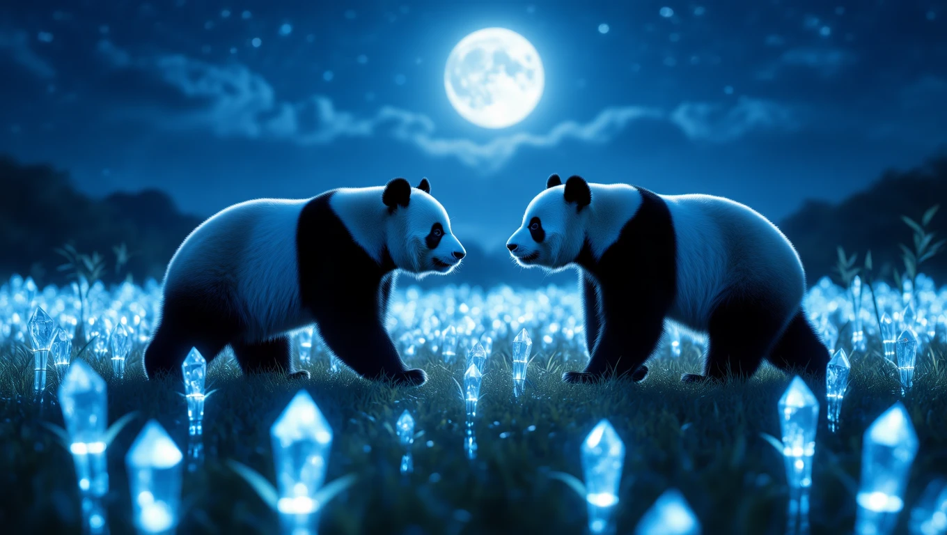 Mit jelent pandával álmodni? – Részletes álomfejtés és értelmezés Két panda áll egymással szemben, kék kristályokkal teli mezőn, telihold alatt.