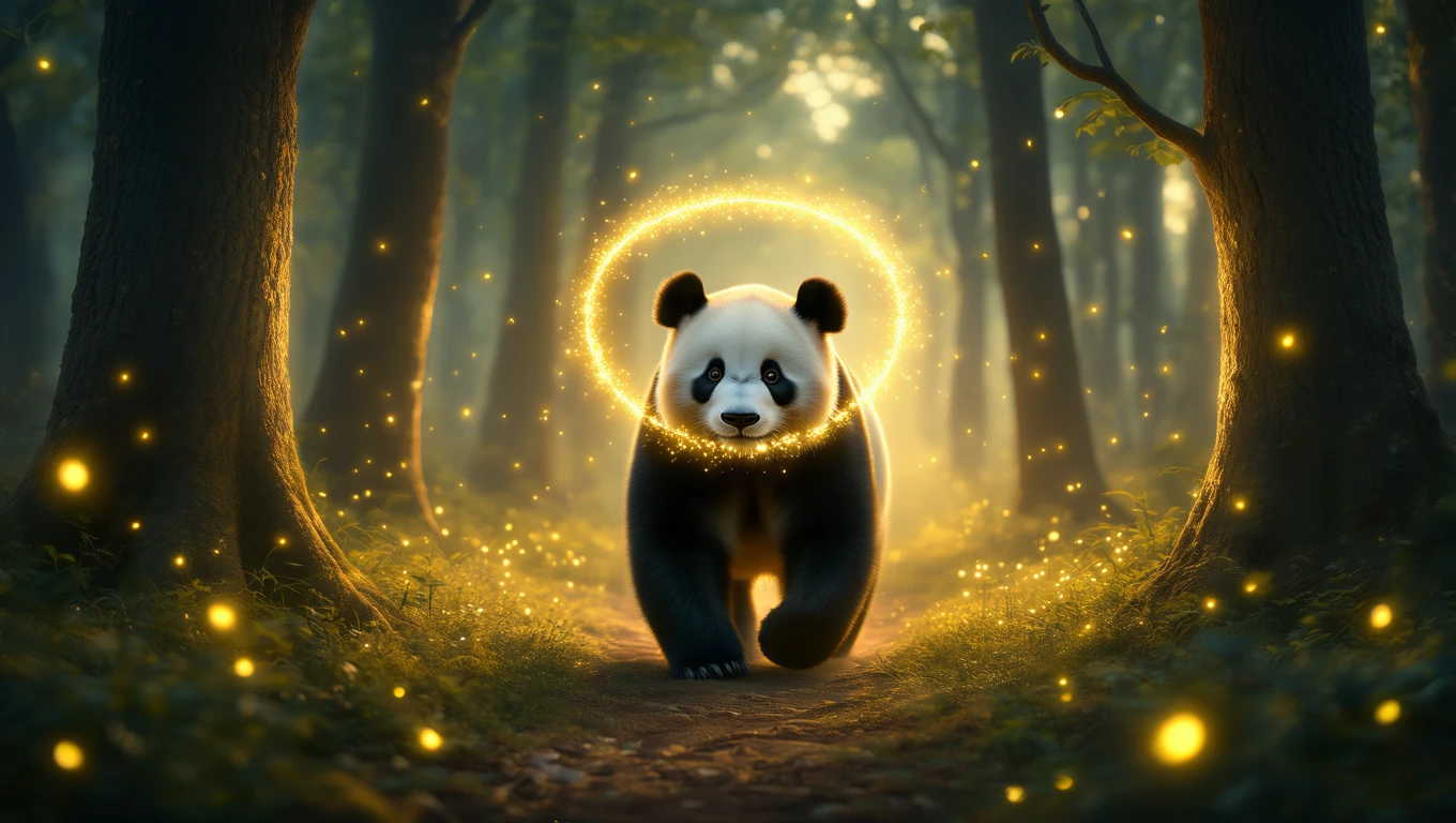 Mit jelent pandával álmodni? – Részletes álomfejtés és értelmezés Egy panda sétál egy varázslatos erdőben, fényekkel körülvéve.