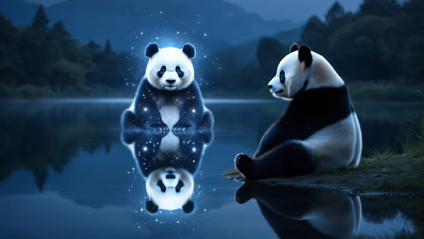 Mit jelent pandával álmodni? – Részletes álomfejtés és értelmezés Két panda ül a vízparton, az egyikük csillagokkal körülvéve tükröződik a vízben.