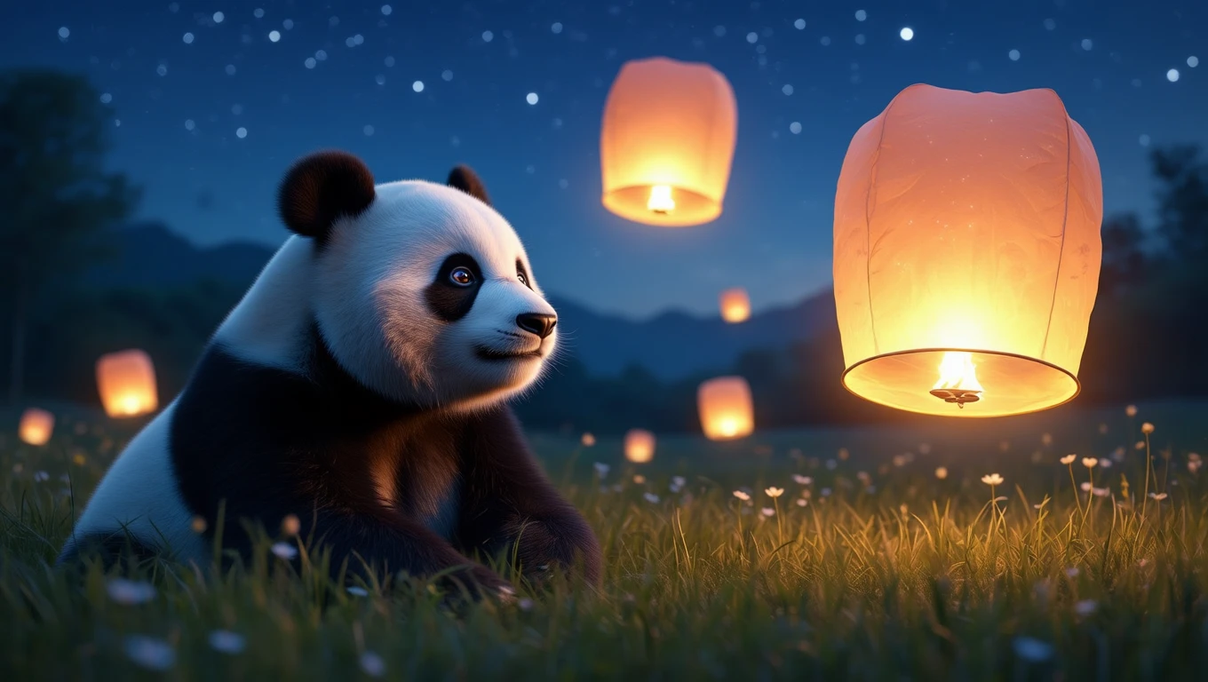 Mit jelent pandával álmodni? – Részletes álomfejtés és értelmezés Egy panda ül a fűben, miközben égő lampionok lebegnek a sötét égen.