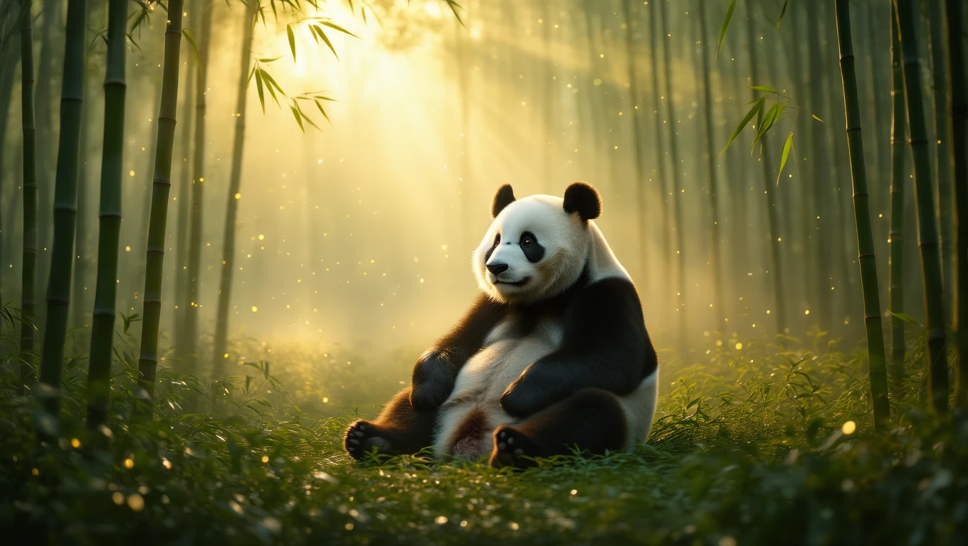 Mit jelent pandával álmodni? – Részletes álomfejtés és értelmezés Egy panda ül a bambuszerdőben, békésen, a napfény átszűrődik a fák között.