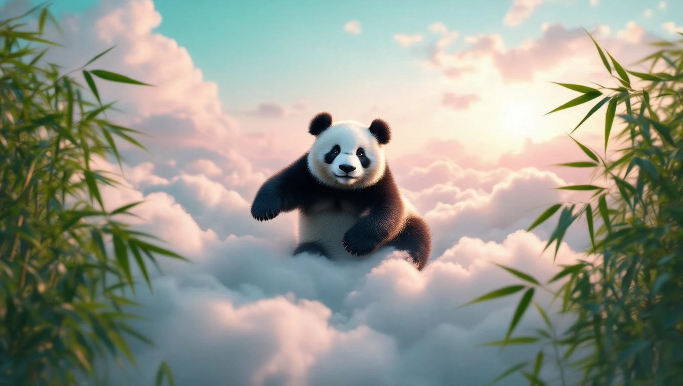 Mit jelent pandával álmodni? – Részletes álomfejtés és értelmezés Egy panda áll a felhők között, körülötte bambusz növények láthatók.