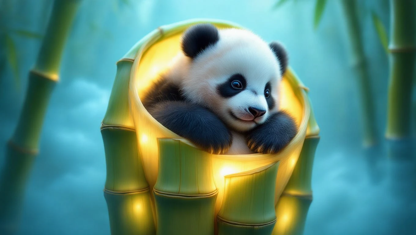 Egy aranyos panda kölyök ül egy bambuszban, békés és boldog kifejezéssel.