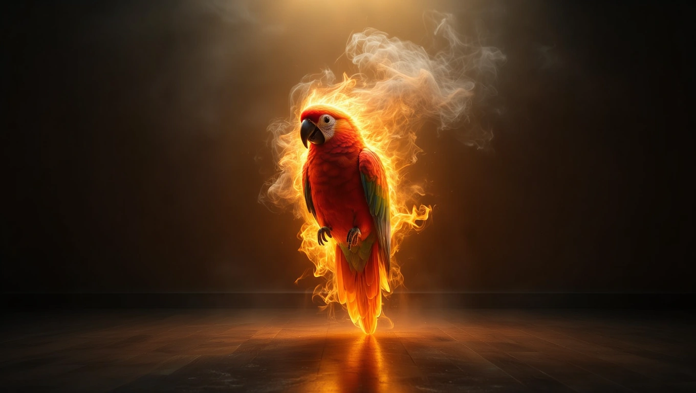 Mit jelent papagájjal álmodni? – Részletes álomfejtés és értelmezés Tűzszínű papagáj lebeg egy sötét háttér előtt, kreatív és szabad szellem szimbóluma.