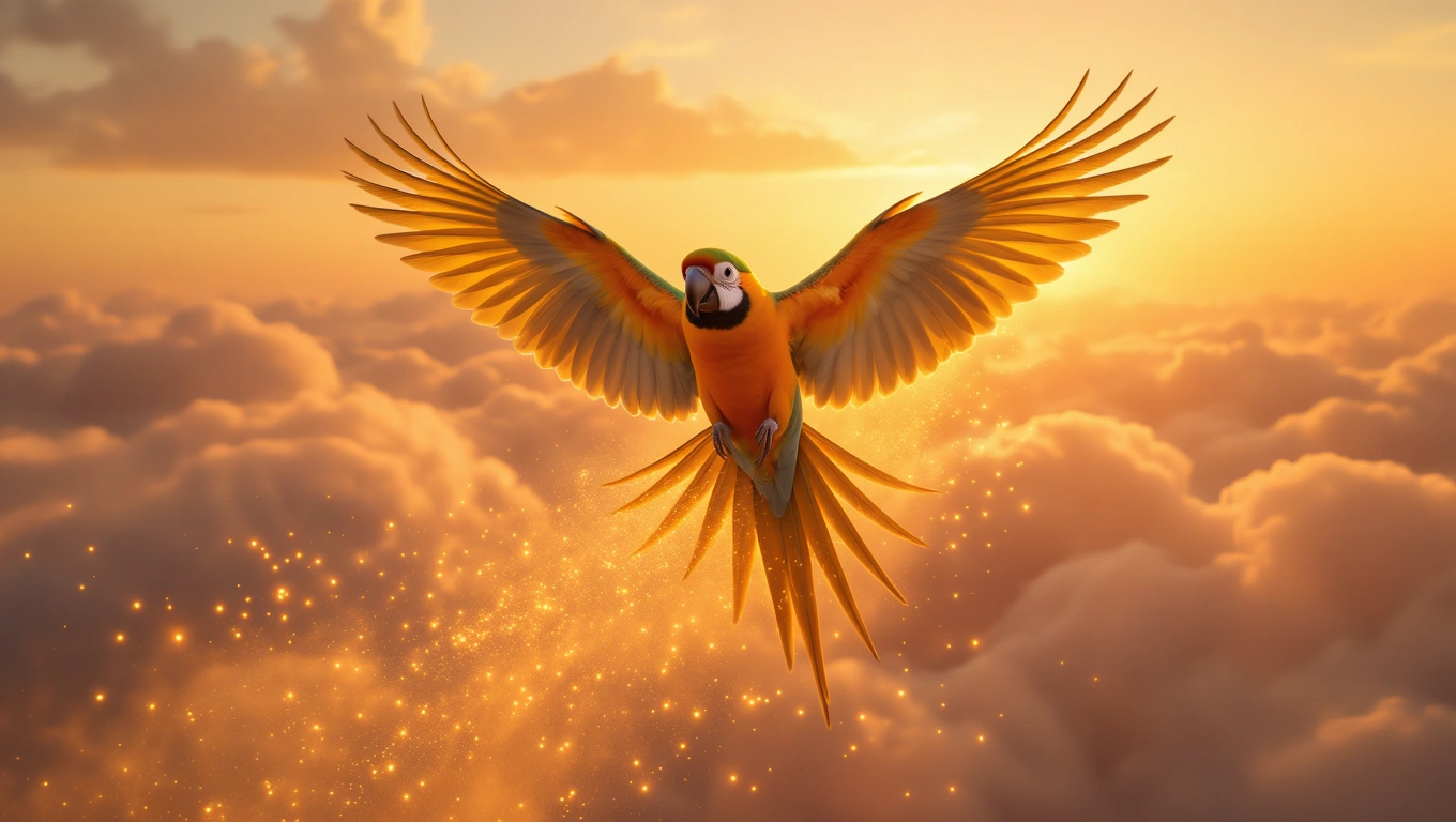 Mit jelent papagájjal álmodni? – Részletes álomfejtés és értelmezés Színes papagáj repül a felhők felett naplementében, csillogó fényekkel.