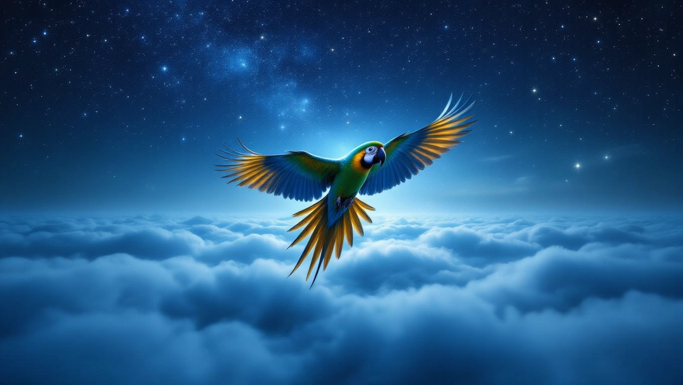 Mit jelent papagájjal álmodni? – Részletes álomfejtés és értelmezés Színes papagáj repül a felhők felett, csillagos ég alatt.