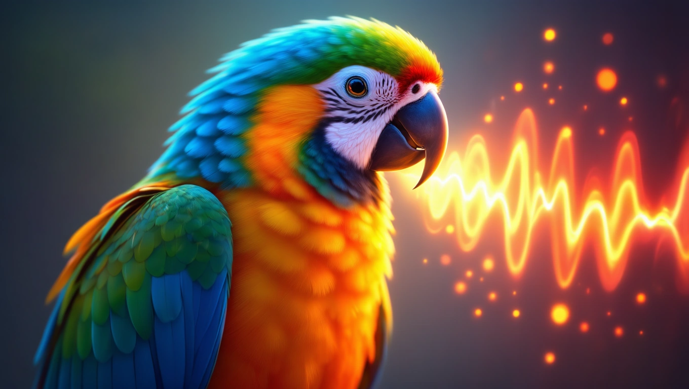 Mit jelent papagájjal álmodni? – Részletes álomfejtés és értelmezés Színes papagáj, amely kommunikációt szimbolizáló hullámokkal körülvéve áll.