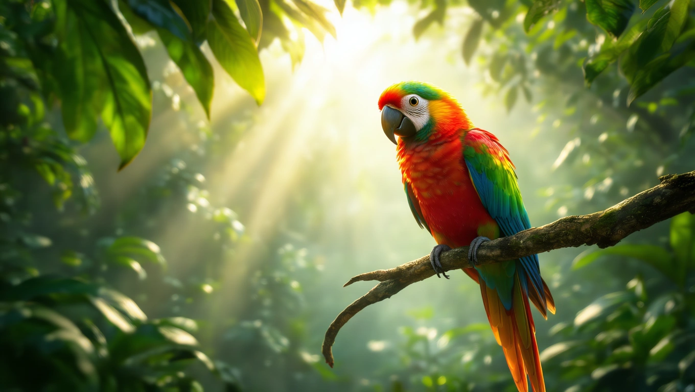 Mit jelent papagájjal álmodni? – Részletes álomfejtés és értelmezés Színes papagáj ül egy ágon, háttérben zöld levelek és fények.