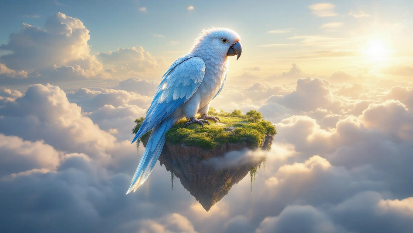 Mit jelent papagájjal álmodni? – Részletes álomfejtés és értelmezés Egy kék papagáj áll egy lebegő szigeten, felhők között, napfényben.