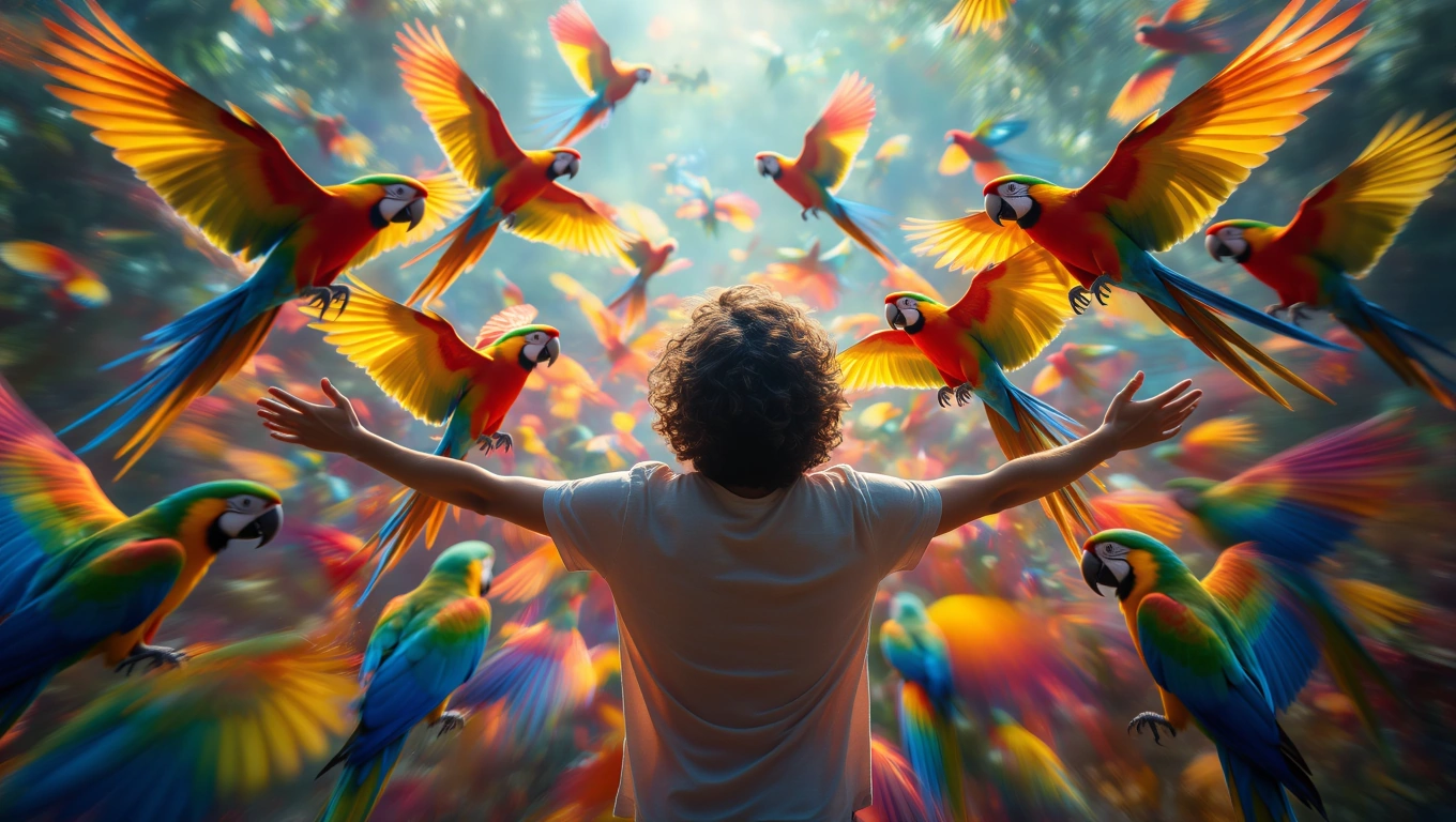 Mit jelent papagájjal álmodni? – Részletes álomfejtés és értelmezés Egy fiú áll a színes papagájok között, karjait kitárva, a természetben.