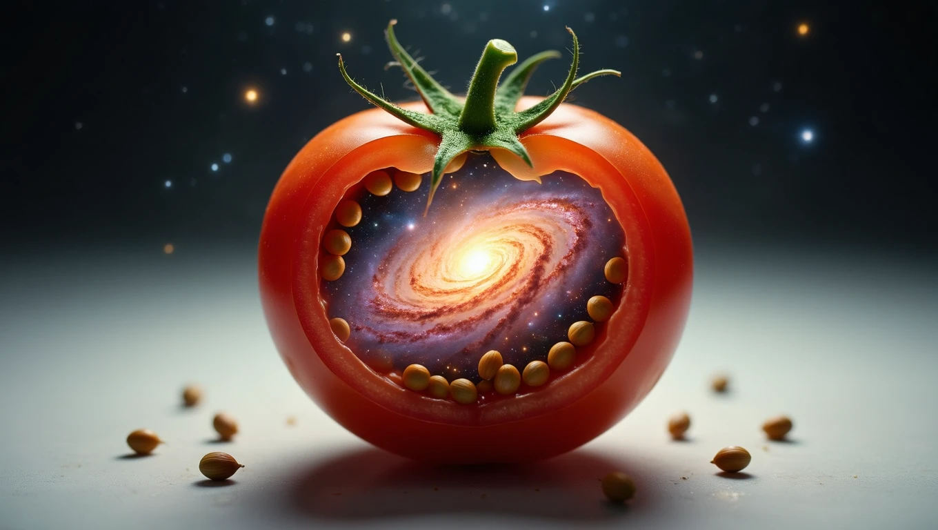 Mit jelent paradicsommal álmodni? – Részletes álomfejtés és értelmezés Egy félbevágott paradicsom, belsejében galaxis látható, csillagokkal körülvéve.