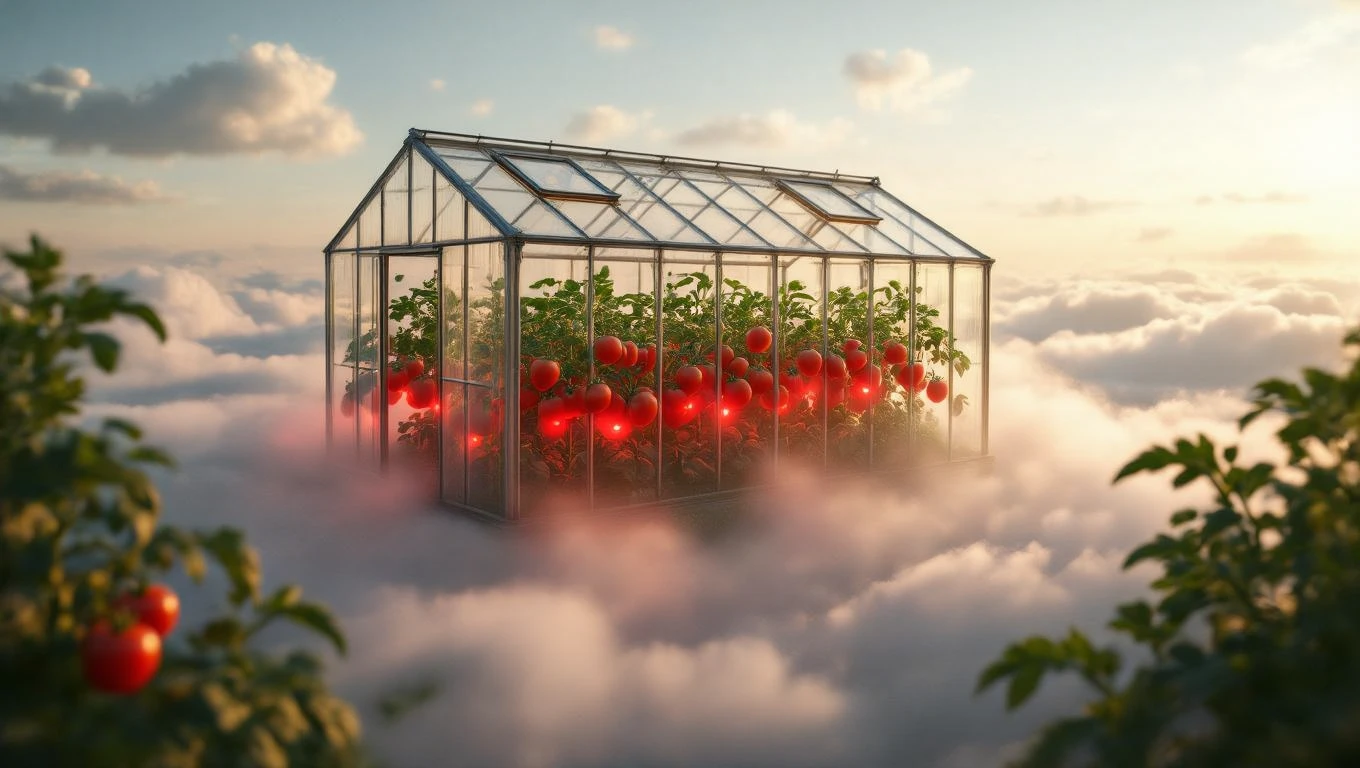Mit jelent paradicsommal álmodni? – Részletes álomfejtés és értelmezés Egy üvegház tele piros paradicsommal, felhők között lebegve.