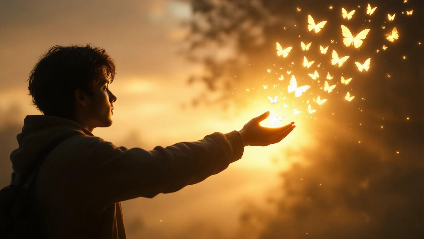 Mit jelent zsebtolvajjal álmodni? – Részletes álomfejtés és értelmezés Egy fiatal férfi kezeiből pillangók szállnak fel a naplementében.
