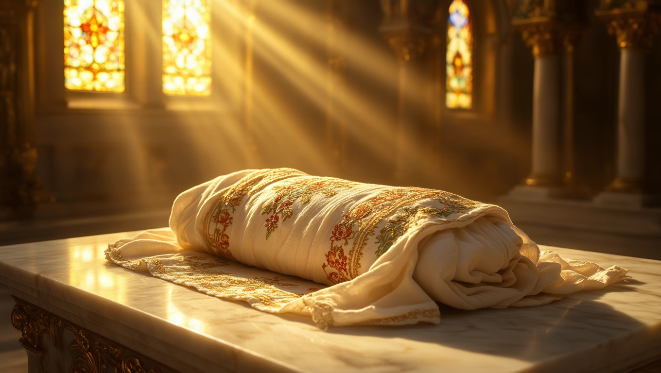 Mit jelent pólyával álmodni? – Részletes álomfejtés és értelmezés Egy díszes pólya fekszik egy márványasztalon, háttérben színes üvegablakokkal.