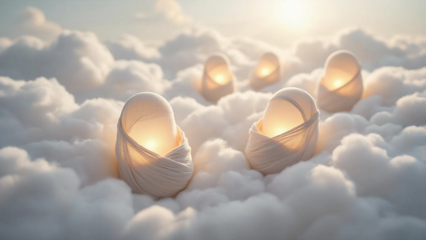 Mit jelent pólyával álmodni? – Részletes álomfejtés és értelmezés Pólyába burkolt fénylő alakok lebegnek a felhők felett, álomszerű látványban.