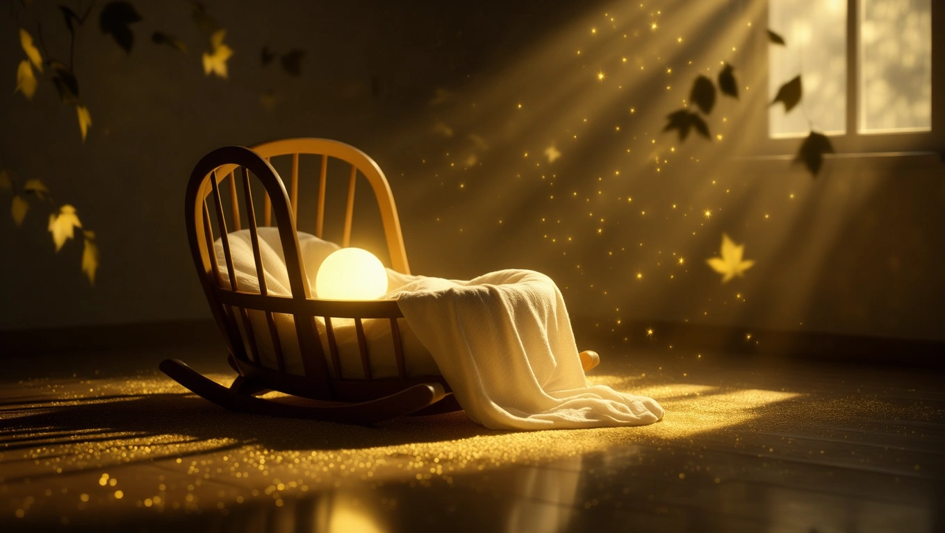 Mit jelent pólyával álmodni? – Részletes álomfejtés és értelmezés Egy hintázó kiságy, benne egy bepólyált baba, lágy fényekkel és aranyporral.